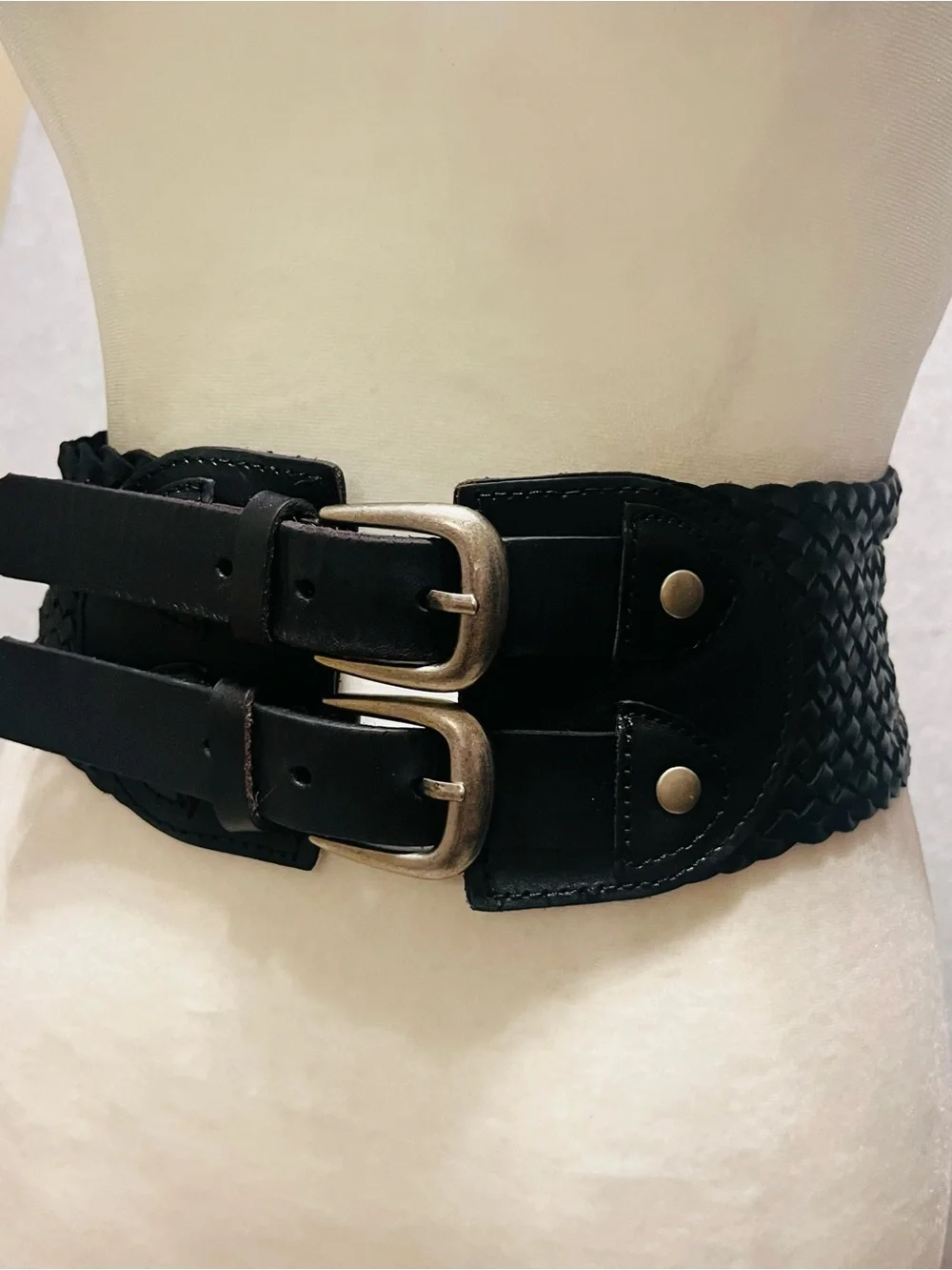 Tracy Reese Plenty Wide Black Braided Waist Belt Double Buckles